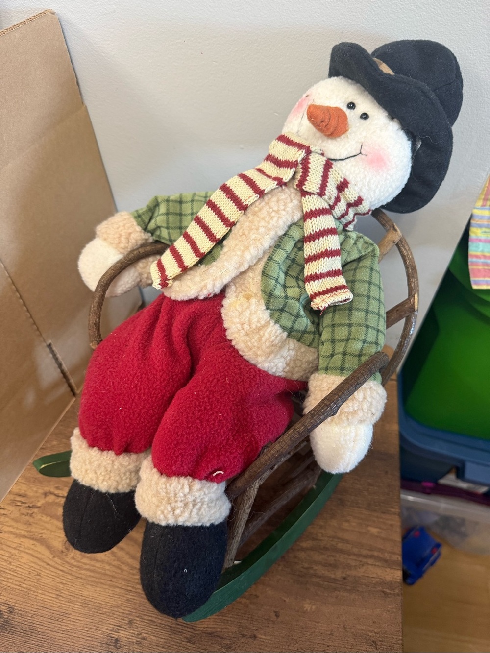 Vintage Festive Red and Green Snowman Plush in Wood Rocking Chair Holiday Decor